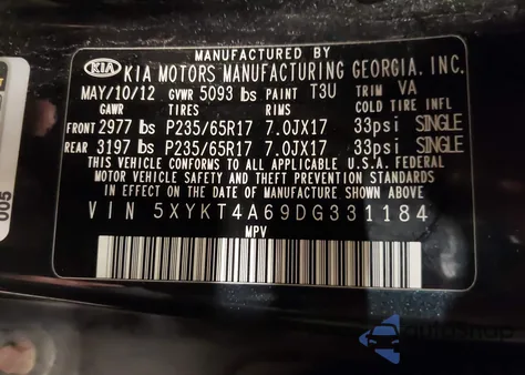 2013 Kia Sorento Lx z USA, uszkodzony, nr VIN 5XYKT4A69DG331184